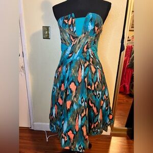 Elegant Anthropologie Strapless Midi Dress in Teal and Coral